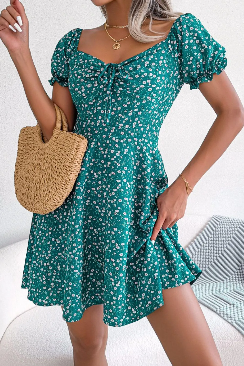 Hazel Blues® | Ditsy Floral Drawstring A-Line Dress