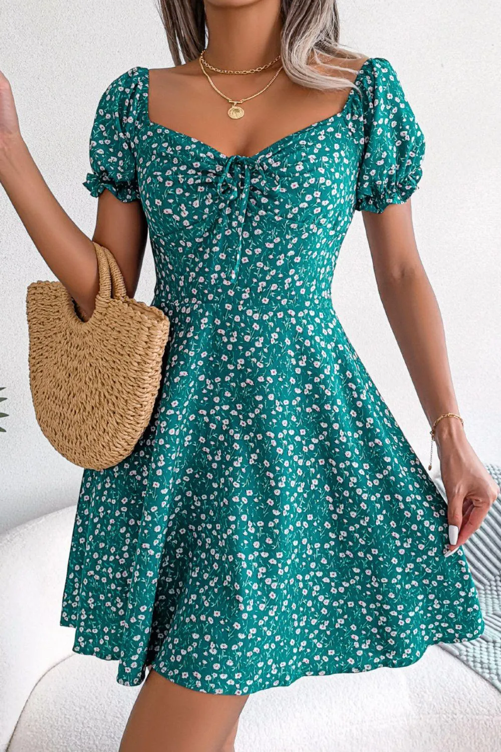 Hazel Blues® | Ditsy Floral Drawstring A-Line Dress