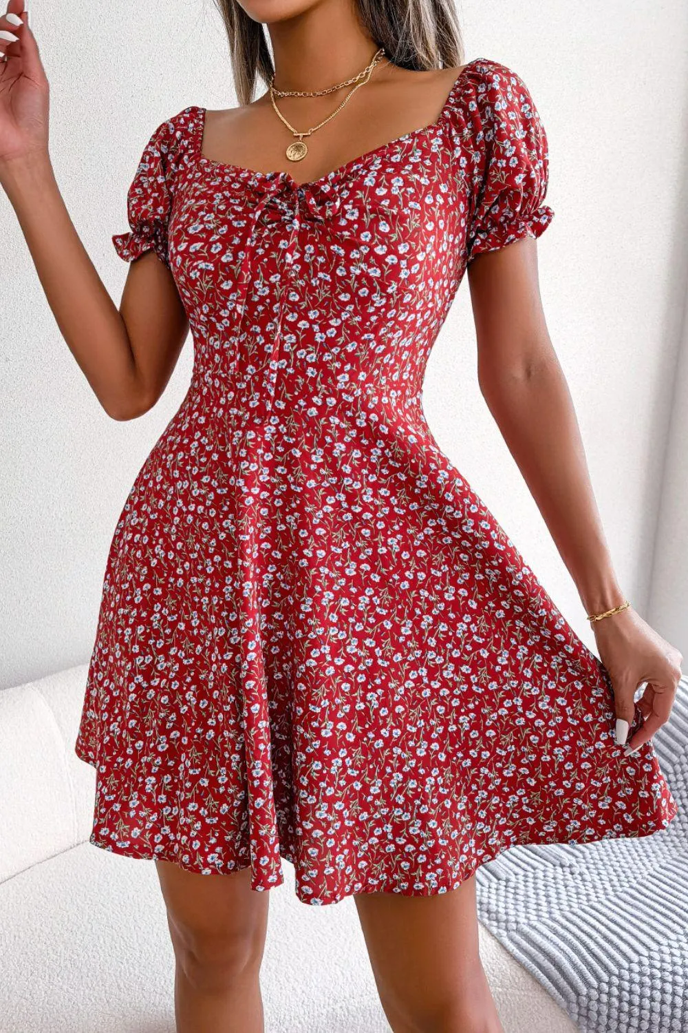 Hazel Blues® | Ditsy Floral Drawstring A-Line Dress