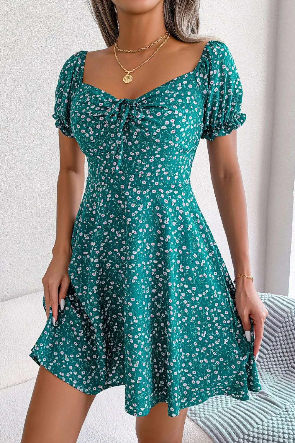 Hazel Blues® | Ditsy Floral Drawstring A-Line Dress