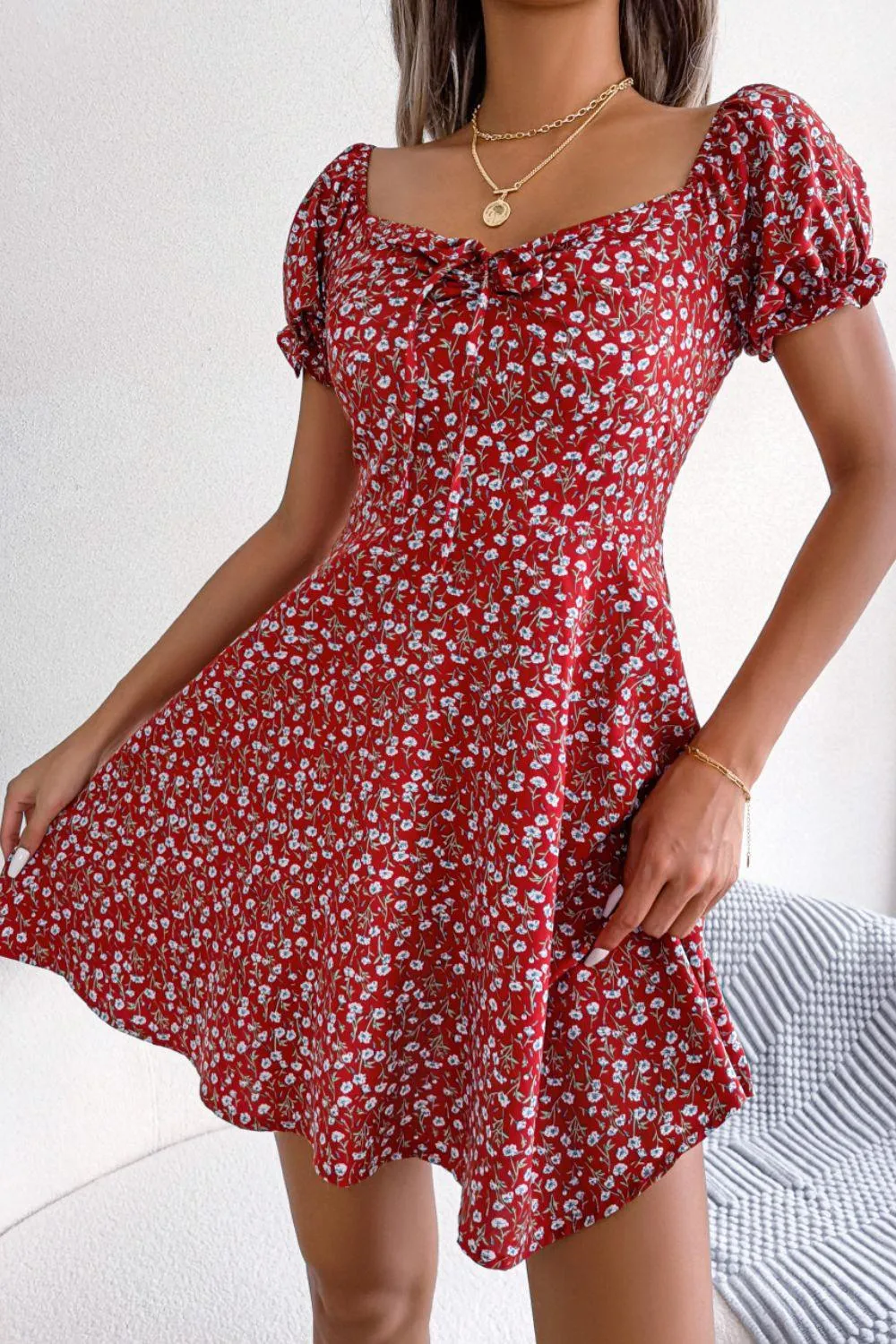 Hazel Blues® | Ditsy Floral Drawstring A-Line Dress