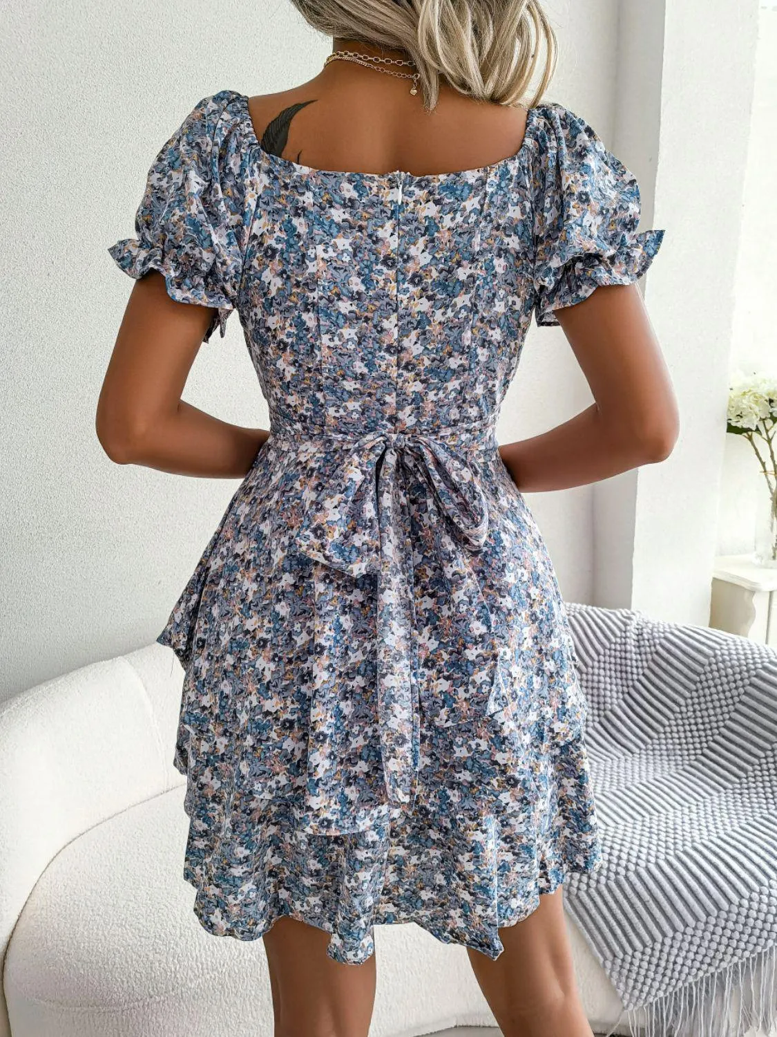 Hazel Blues® | Floral Sweetheart Neck Flounce Sleeve Mini Dress