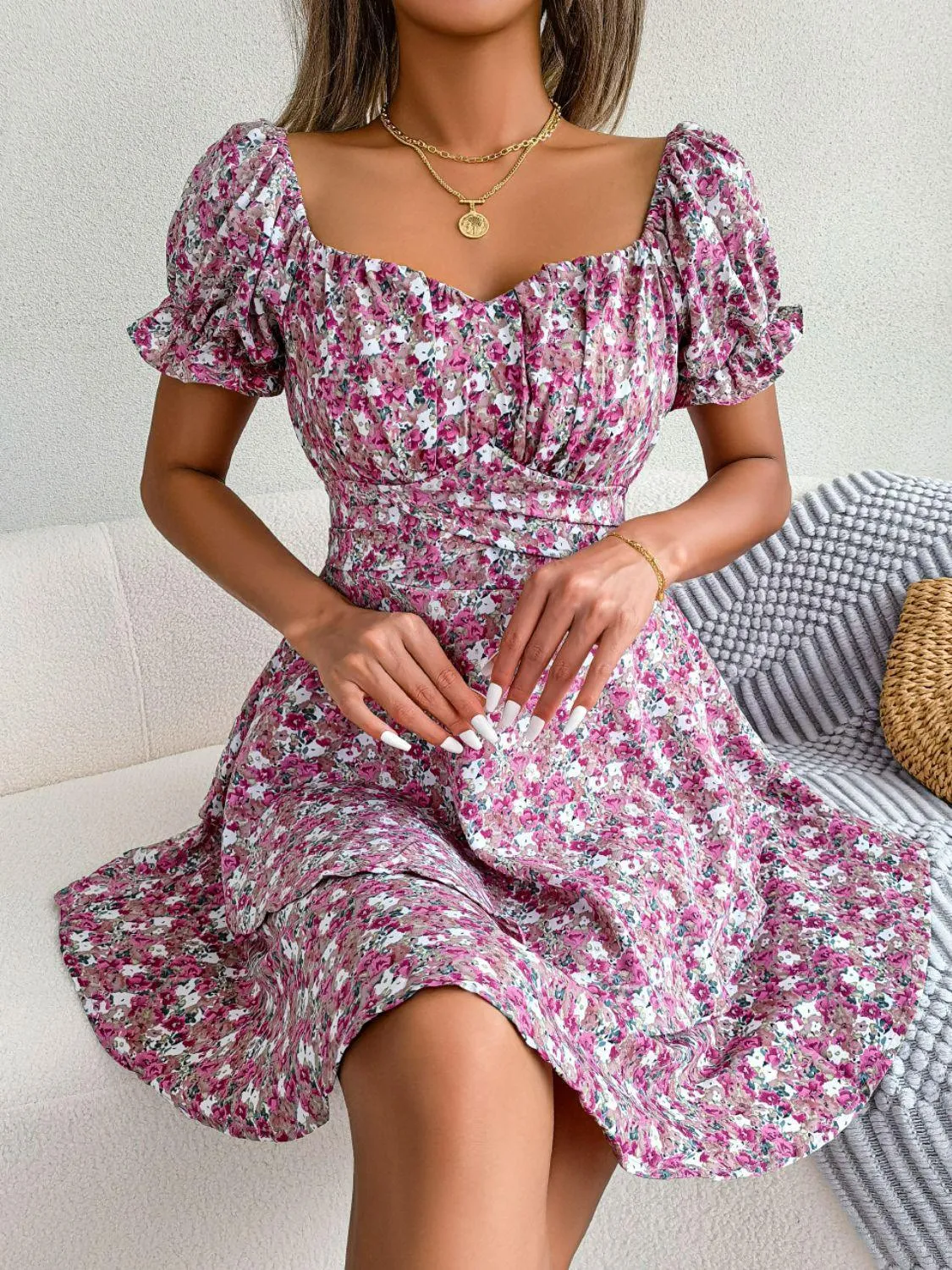 Hazel Blues® | Floral Sweetheart Neck Flounce Sleeve Mini Dress