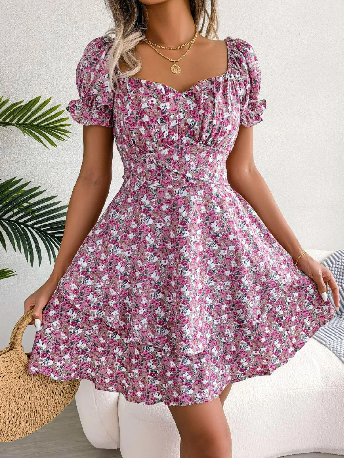 Hazel Blues® | Floral Sweetheart Neck Flounce Sleeve Mini Dress
