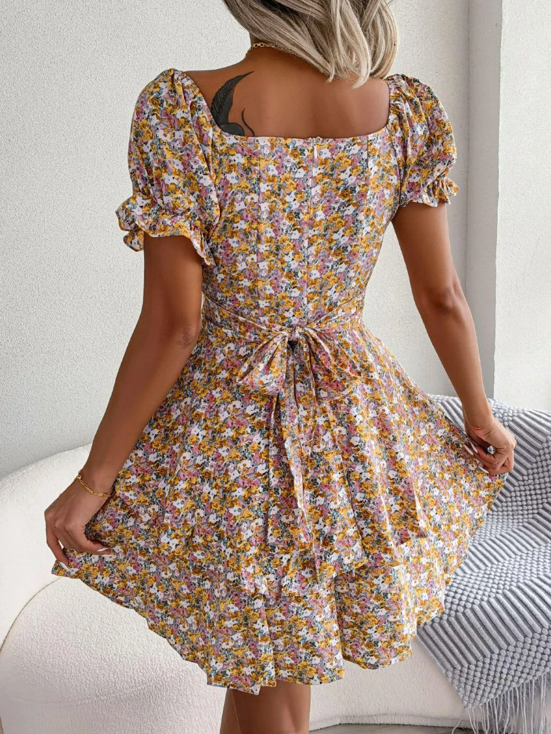Hazel Blues® | Floral Sweetheart Neck Flounce Sleeve Mini Dress