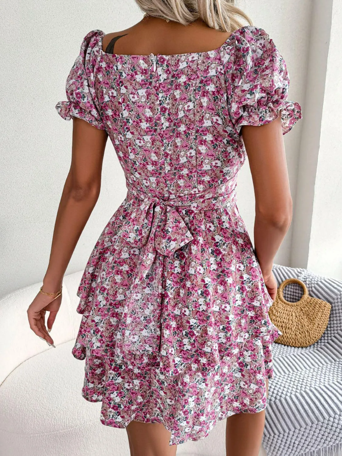 Hazel Blues® | Floral Sweetheart Neck Flounce Sleeve Mini Dress