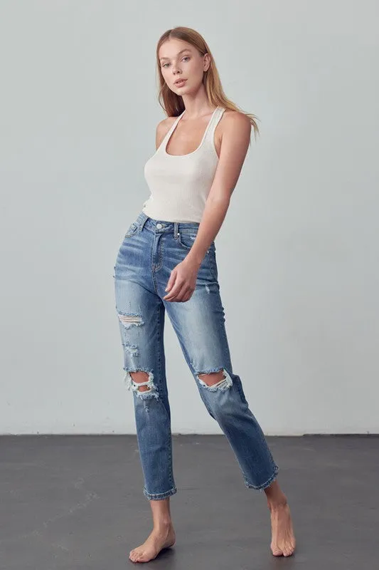 High Rise Distressed Girlfriend Jeans