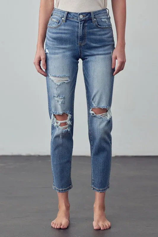 High Rise Distressed Girlfriend Jeans