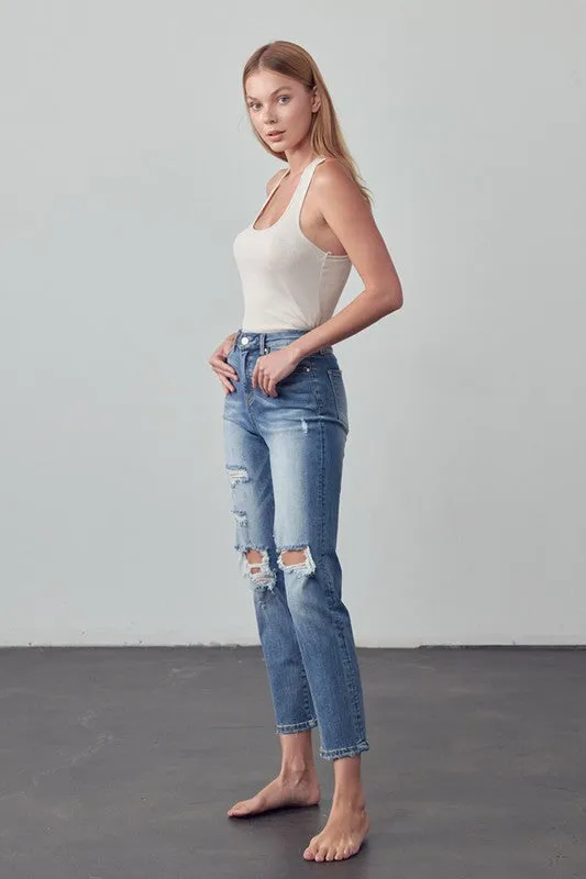High Rise Distressed Girlfriend Jeans
