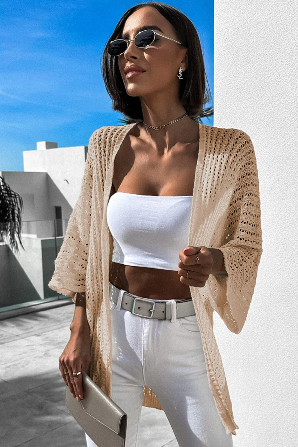 Hollow-out Bracelet Sleeve Knit Cardigan