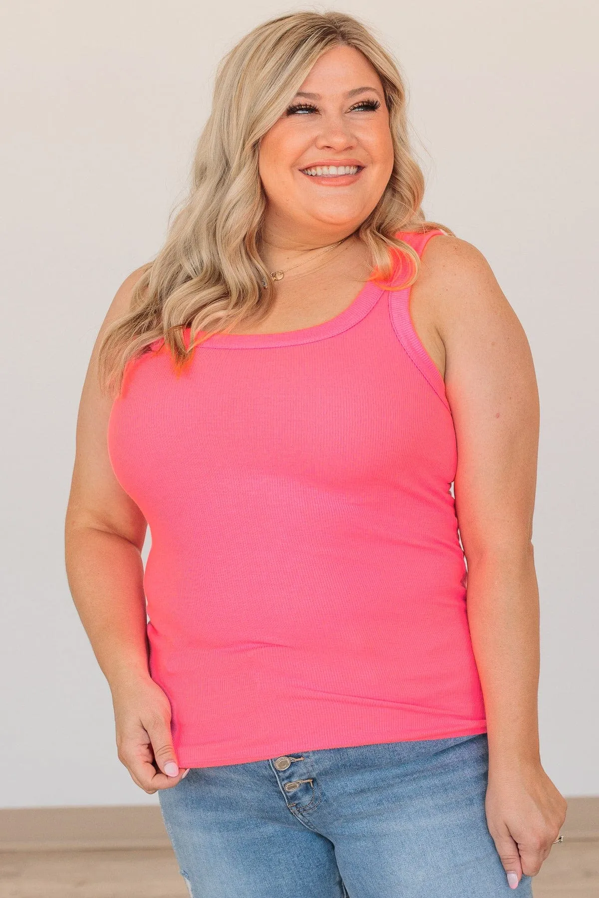 Ignore The Stares Ribbed Tank- Neon Pink