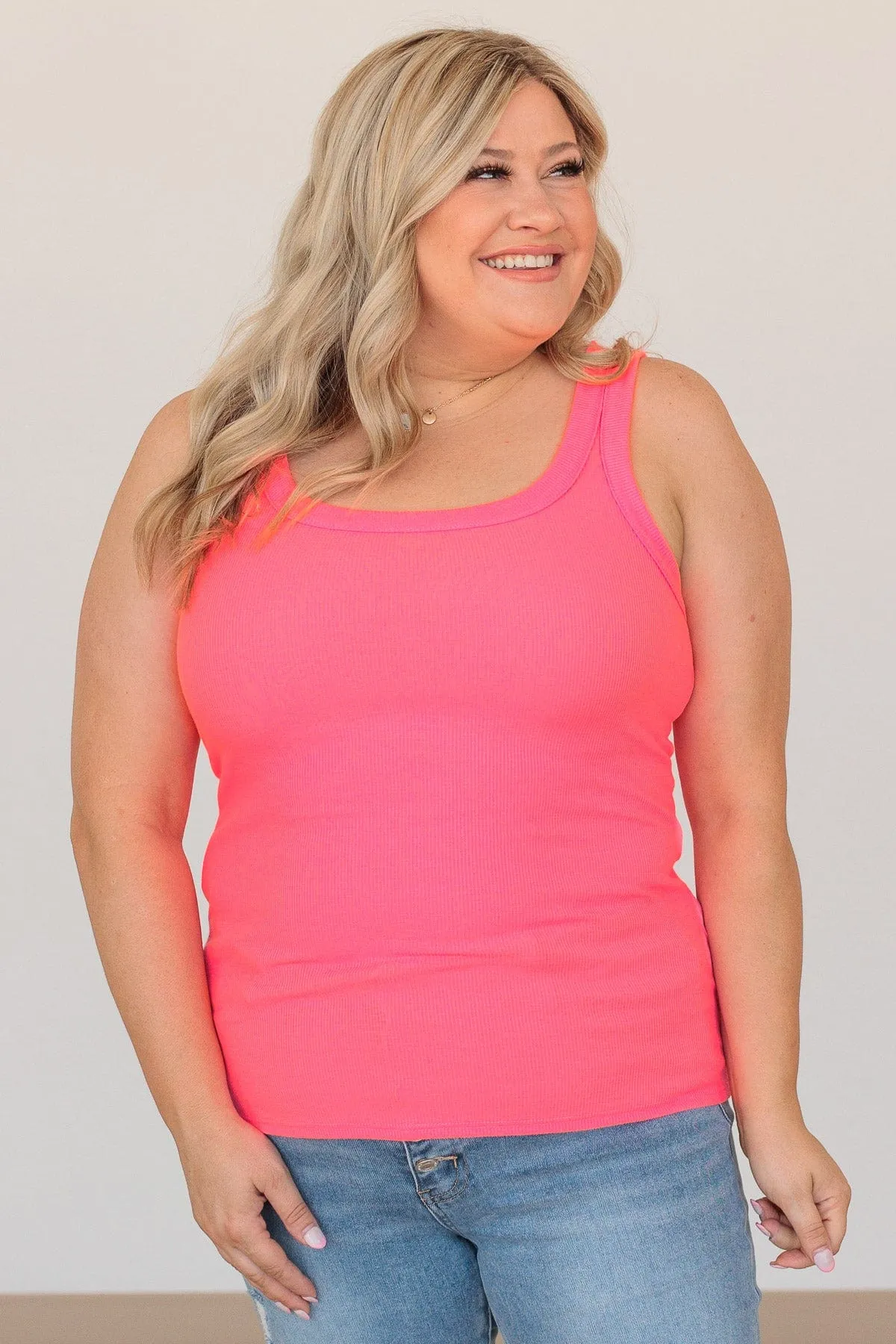 Ignore The Stares Ribbed Tank- Neon Pink