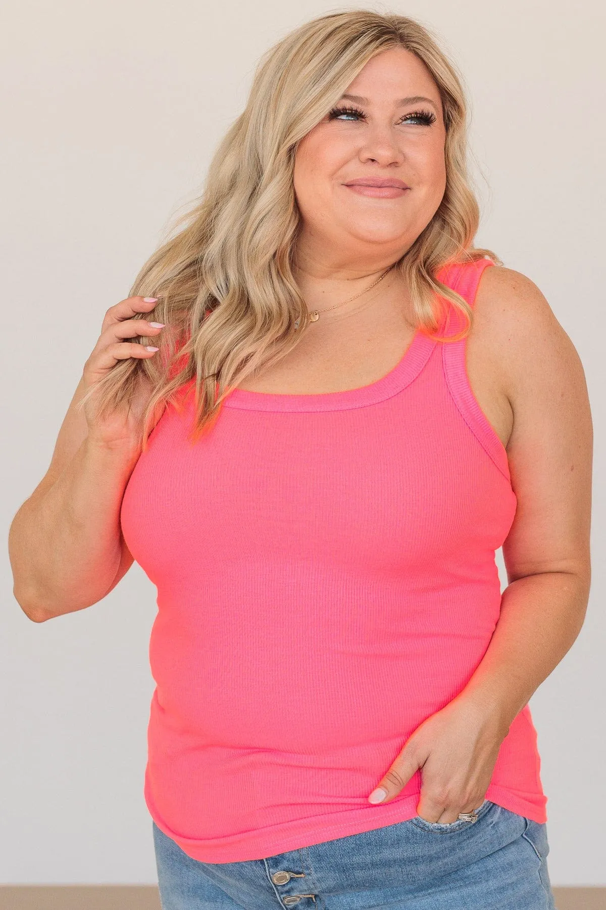 Ignore The Stares Ribbed Tank- Neon Pink