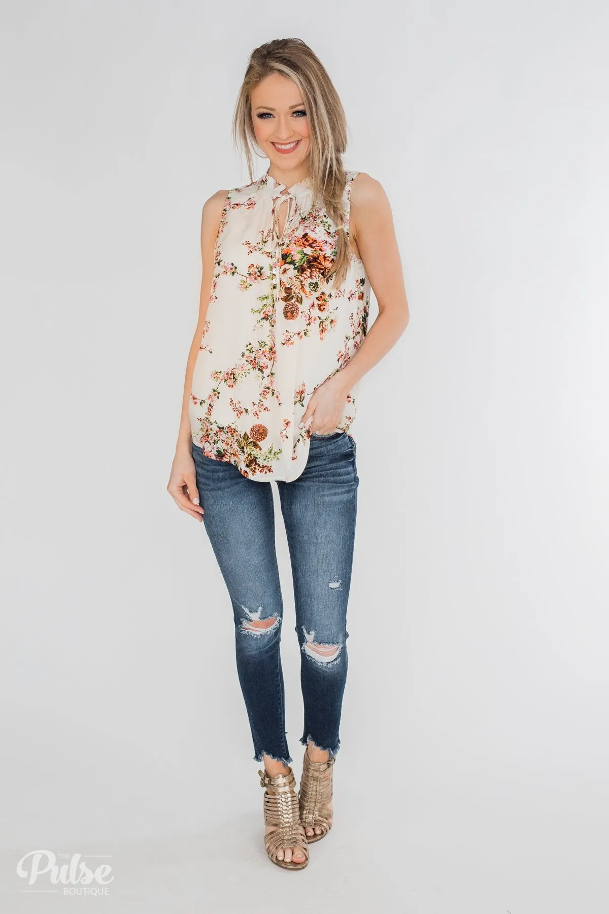 I'll Be There Floral Neck Tie Tank Top- Ivory