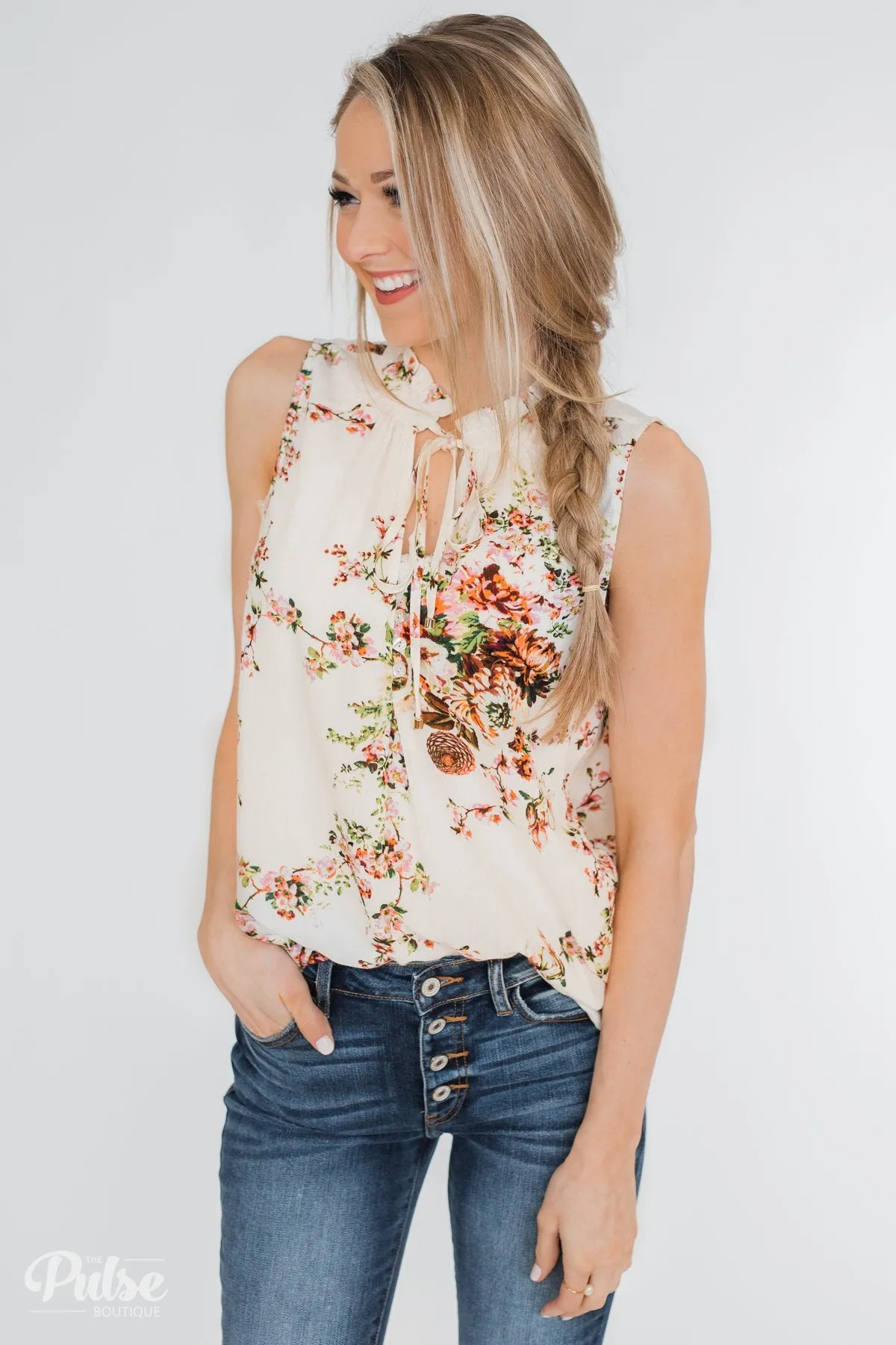 I'll Be There Floral Neck Tie Tank Top- Ivory