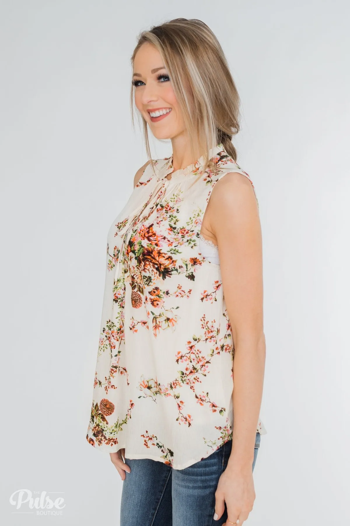I'll Be There Floral Neck Tie Tank Top- Ivory