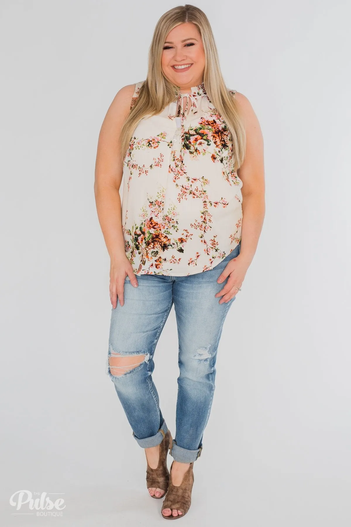 I'll Be There Floral Neck Tie Tank Top- Ivory