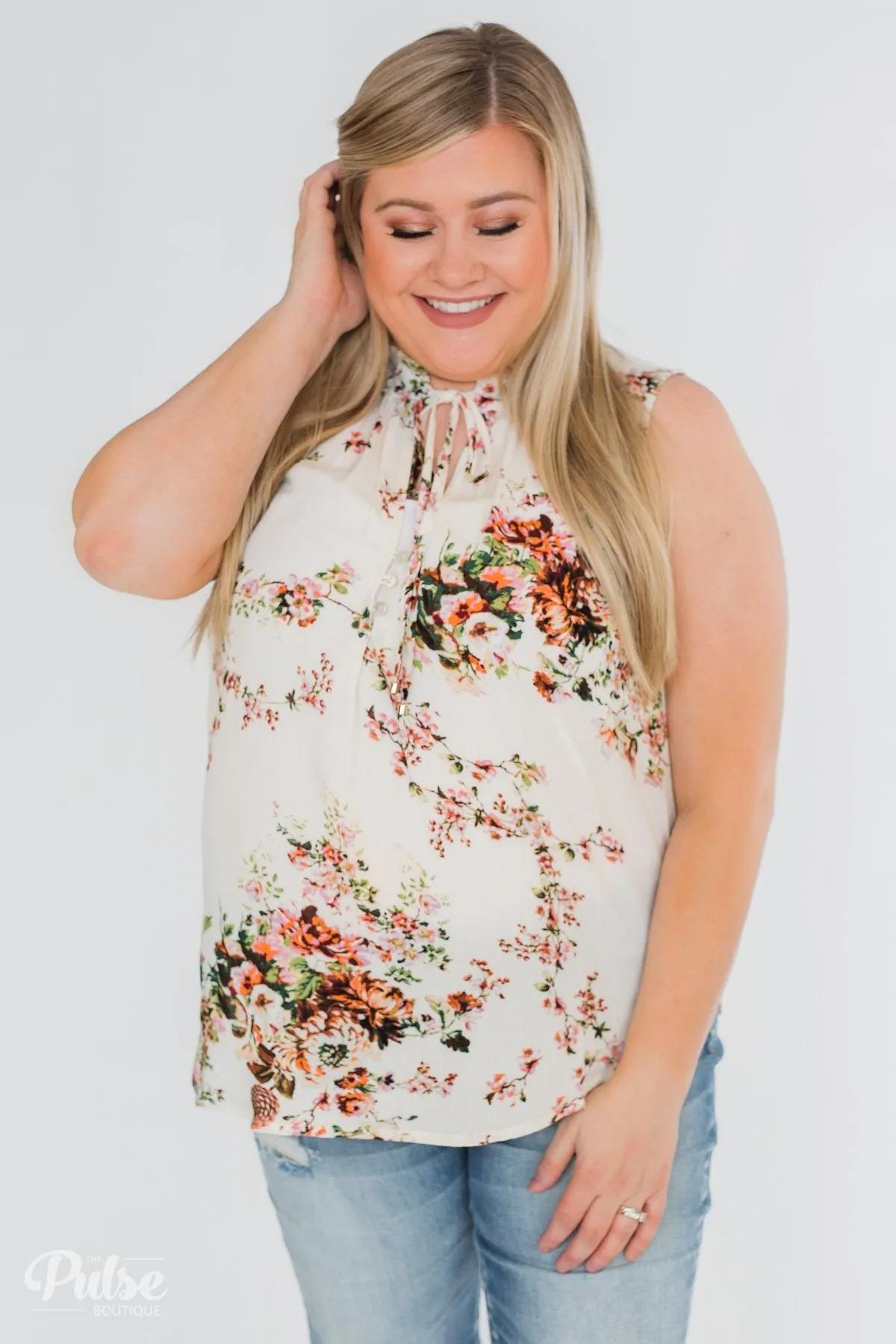 I'll Be There Floral Neck Tie Tank Top- Ivory