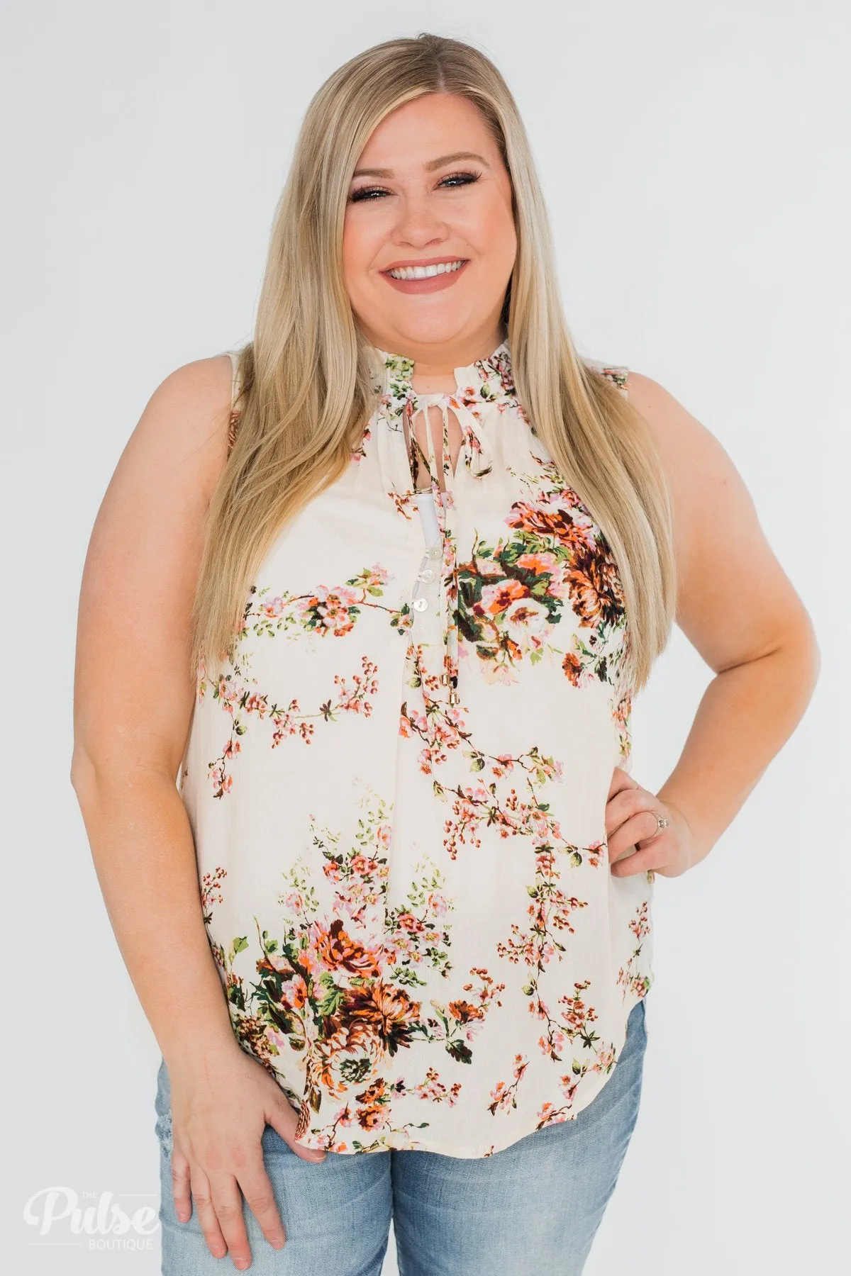 I'll Be There Floral Neck Tie Tank Top- Ivory