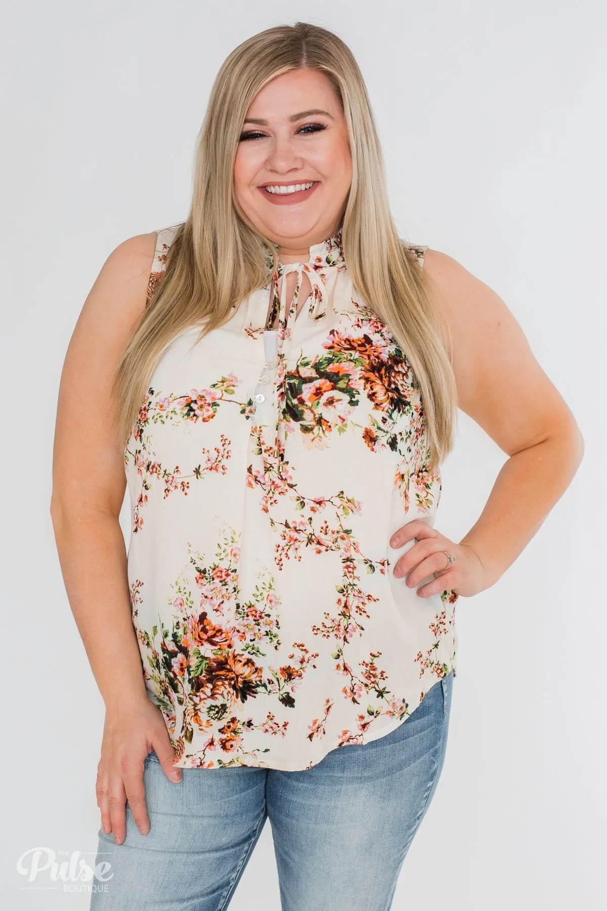 I'll Be There Floral Neck Tie Tank Top- Ivory