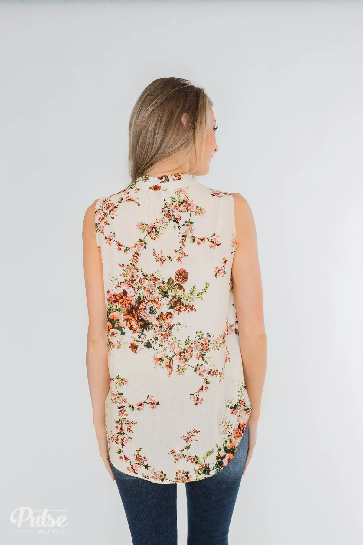 I'll Be There Floral Neck Tie Tank Top- Ivory