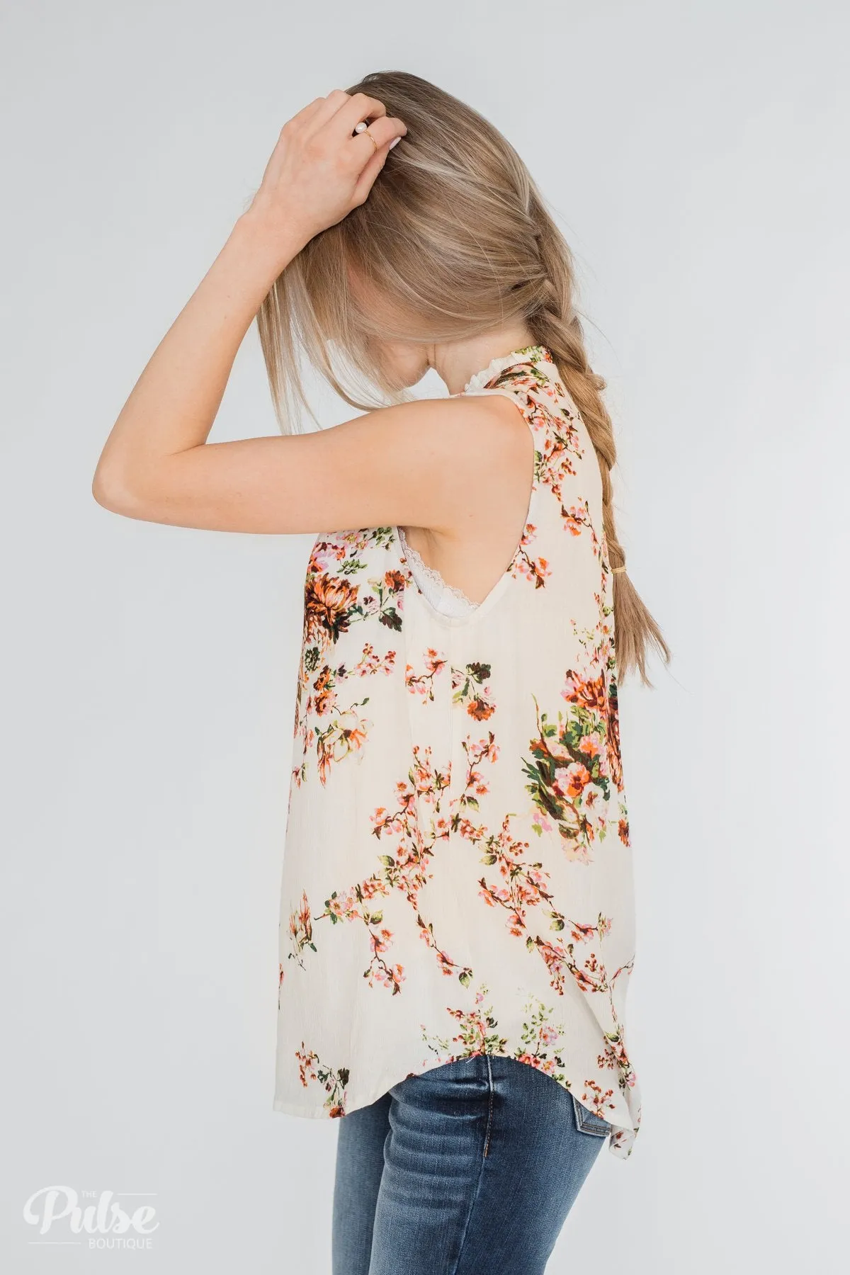 I'll Be There Floral Neck Tie Tank Top- Ivory