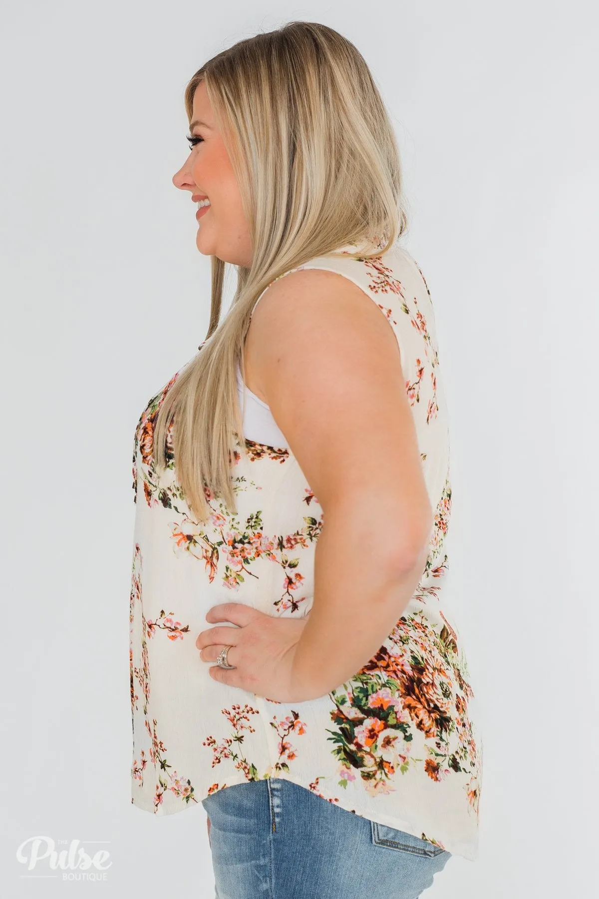 I'll Be There Floral Neck Tie Tank Top- Ivory