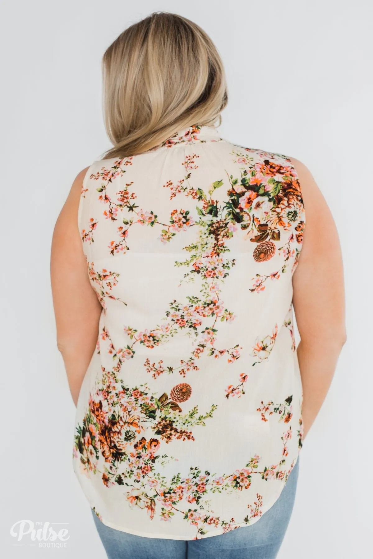 I'll Be There Floral Neck Tie Tank Top- Ivory