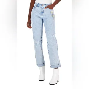 INC‎ denim mid rise boyfriend jeans with floral embroidery on left hip. 10/30