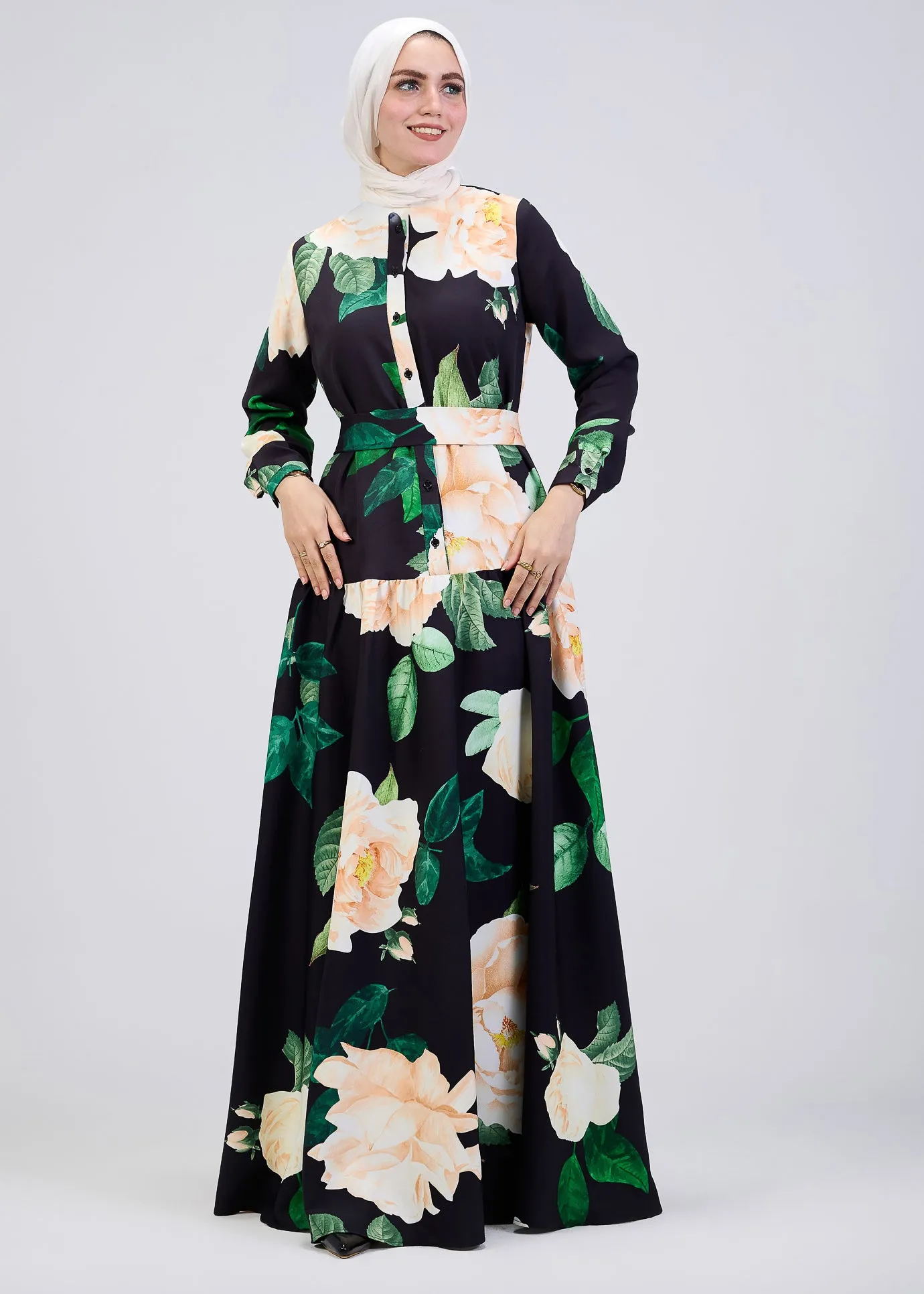 Israa Floral Print Button-Front Maxi Dress in Black