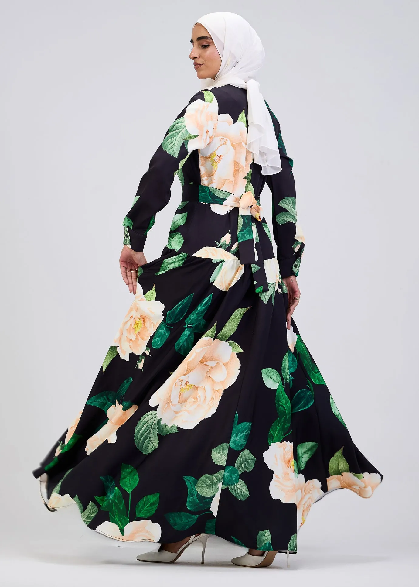 Israa Floral Print Button-Front Maxi Dress in Black