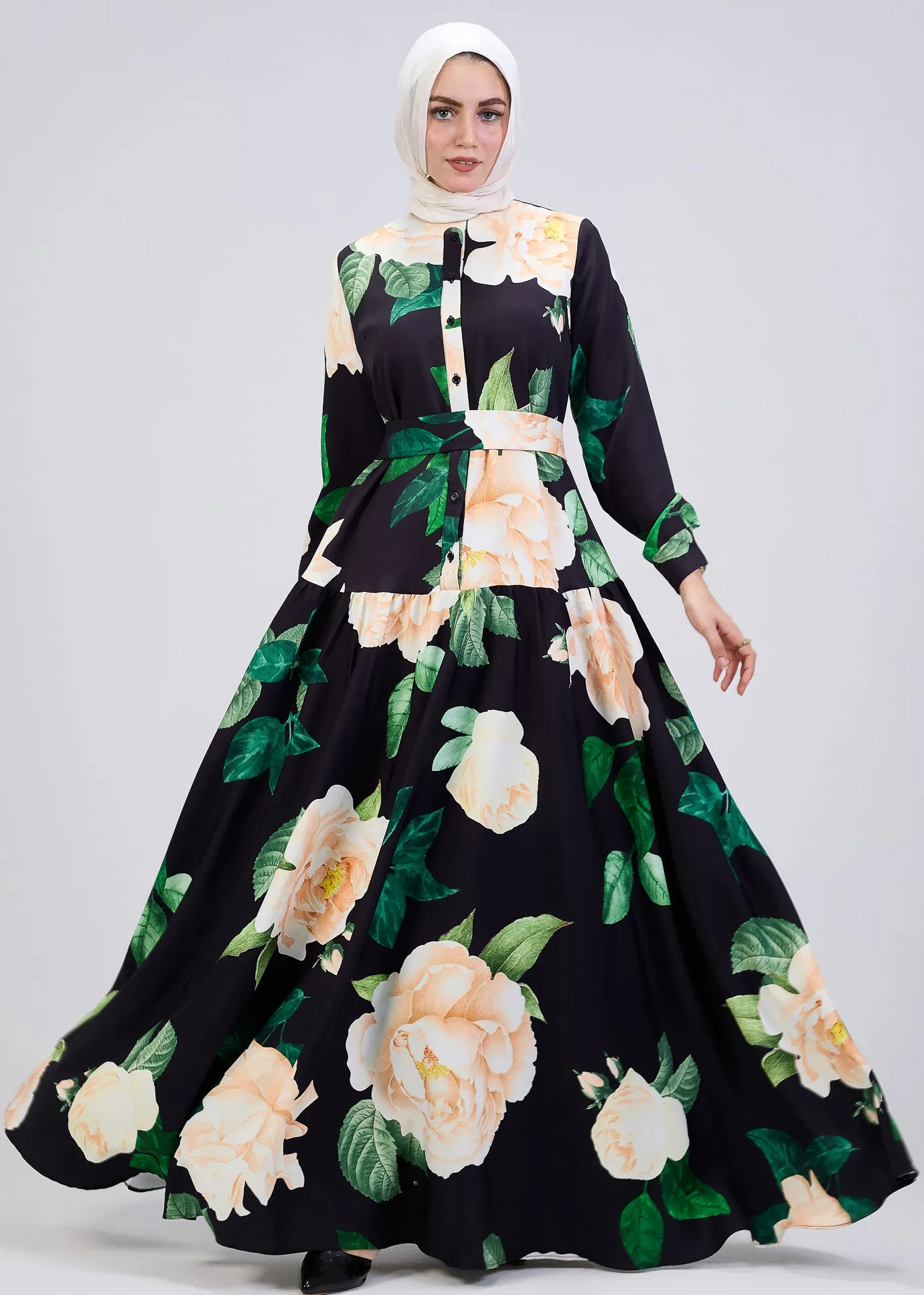 Israa Floral Print Button-Front Maxi Dress in Black