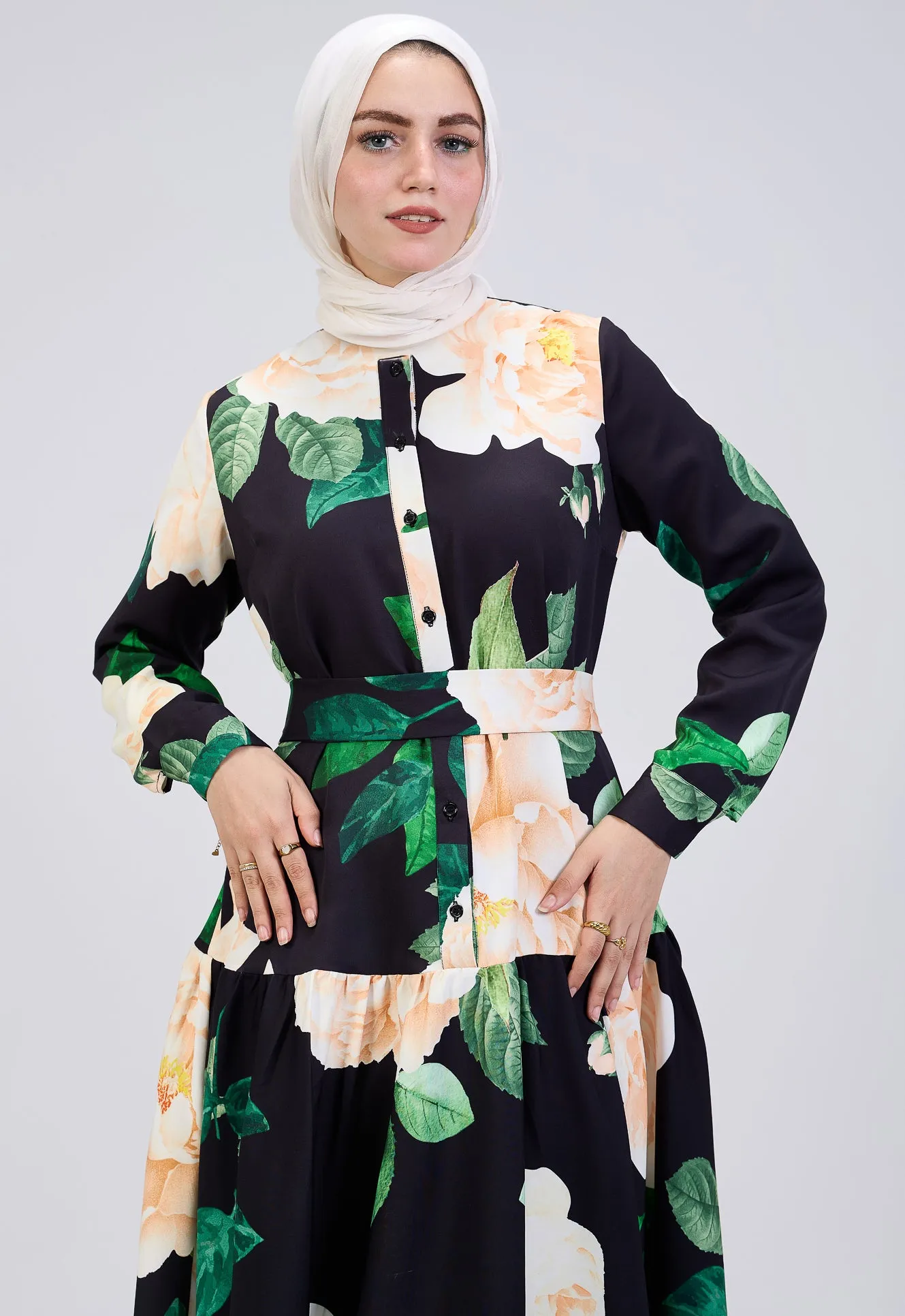 Israa Floral Print Button-Front Maxi Dress in Black