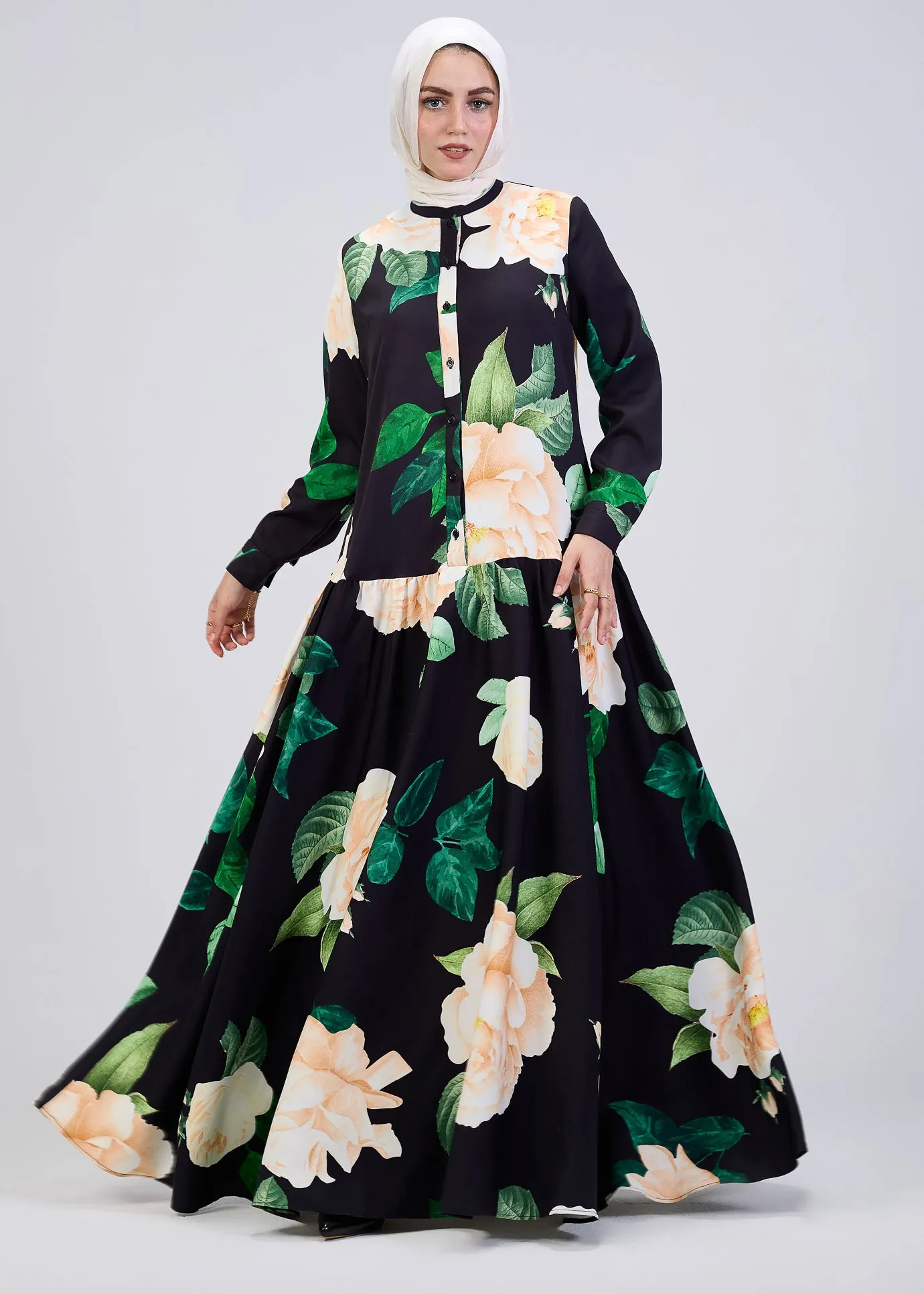 Israa Floral Print Button-Front Maxi Dress in Black