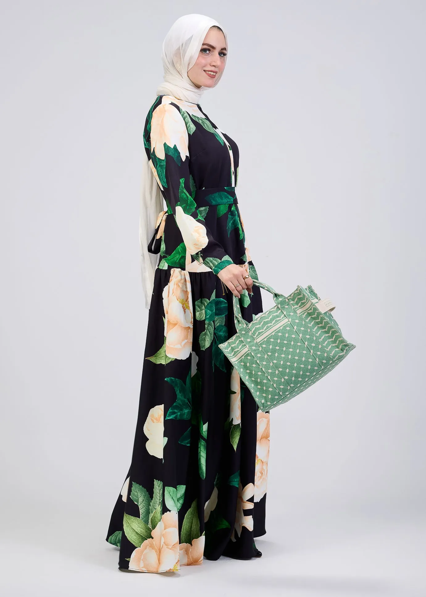 Israa Floral Print Button-Front Maxi Dress in Black