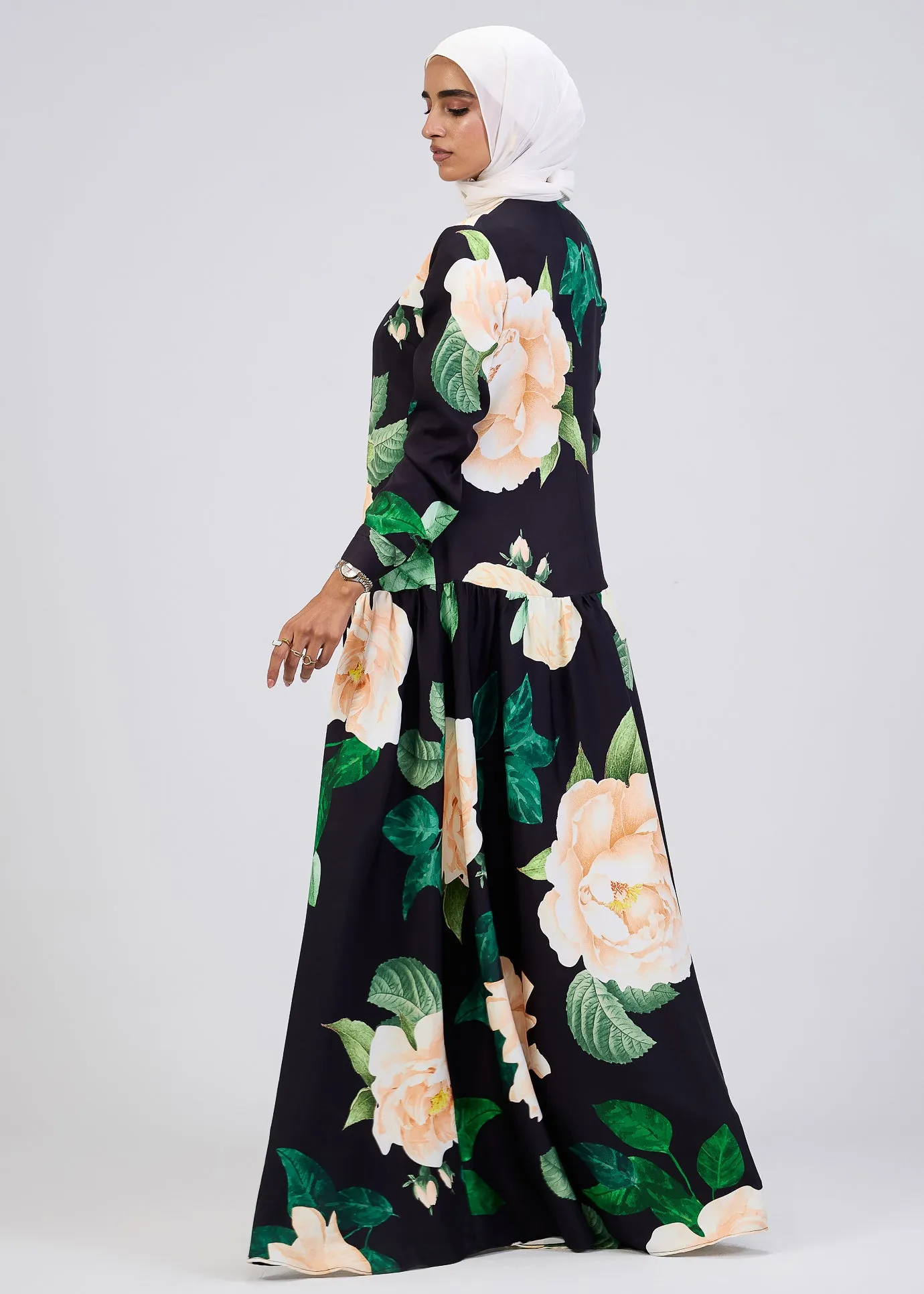 Israa Floral Print Button-Front Maxi Dress in Black