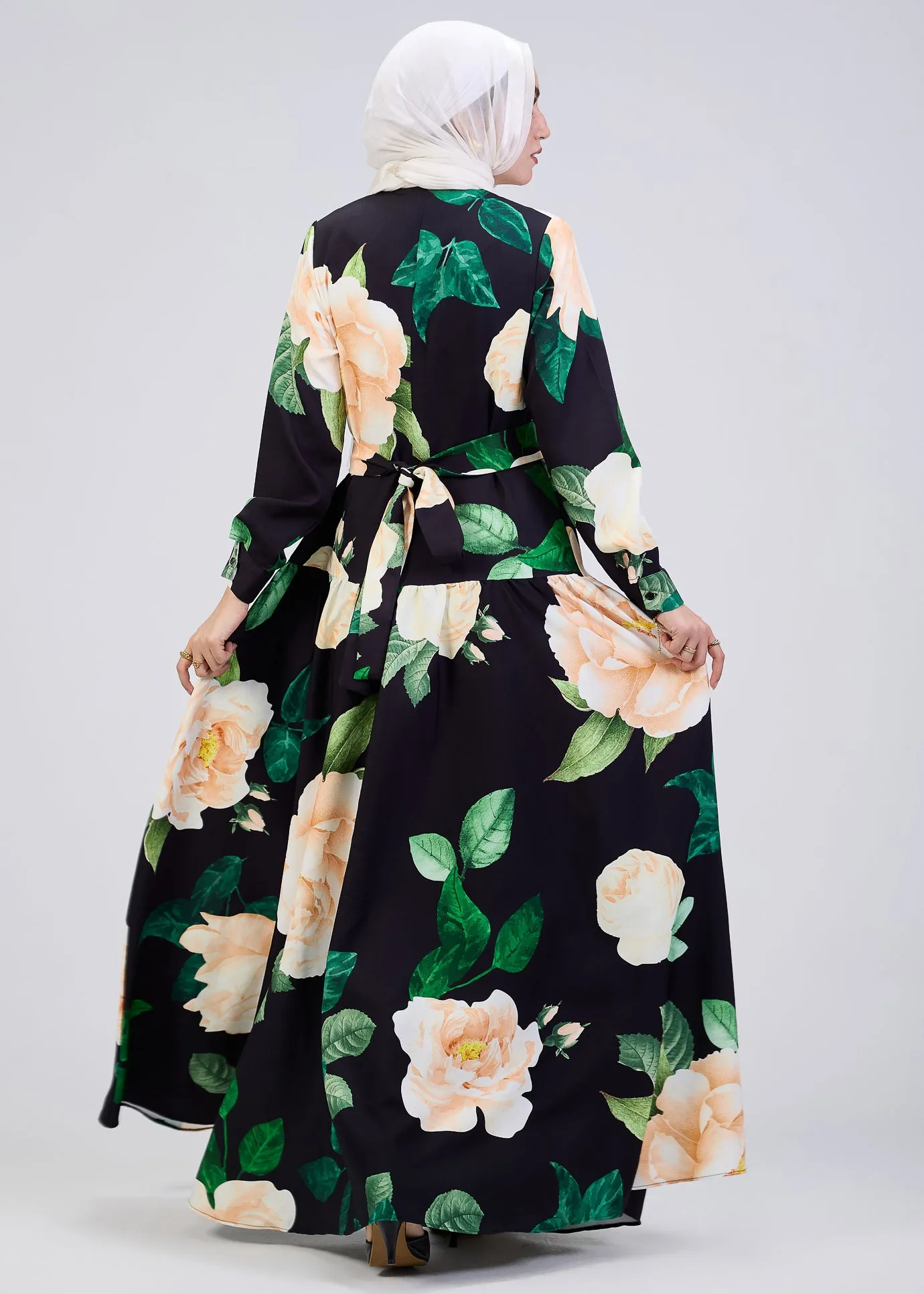 Israa Floral Print Button-Front Maxi Dress in Black