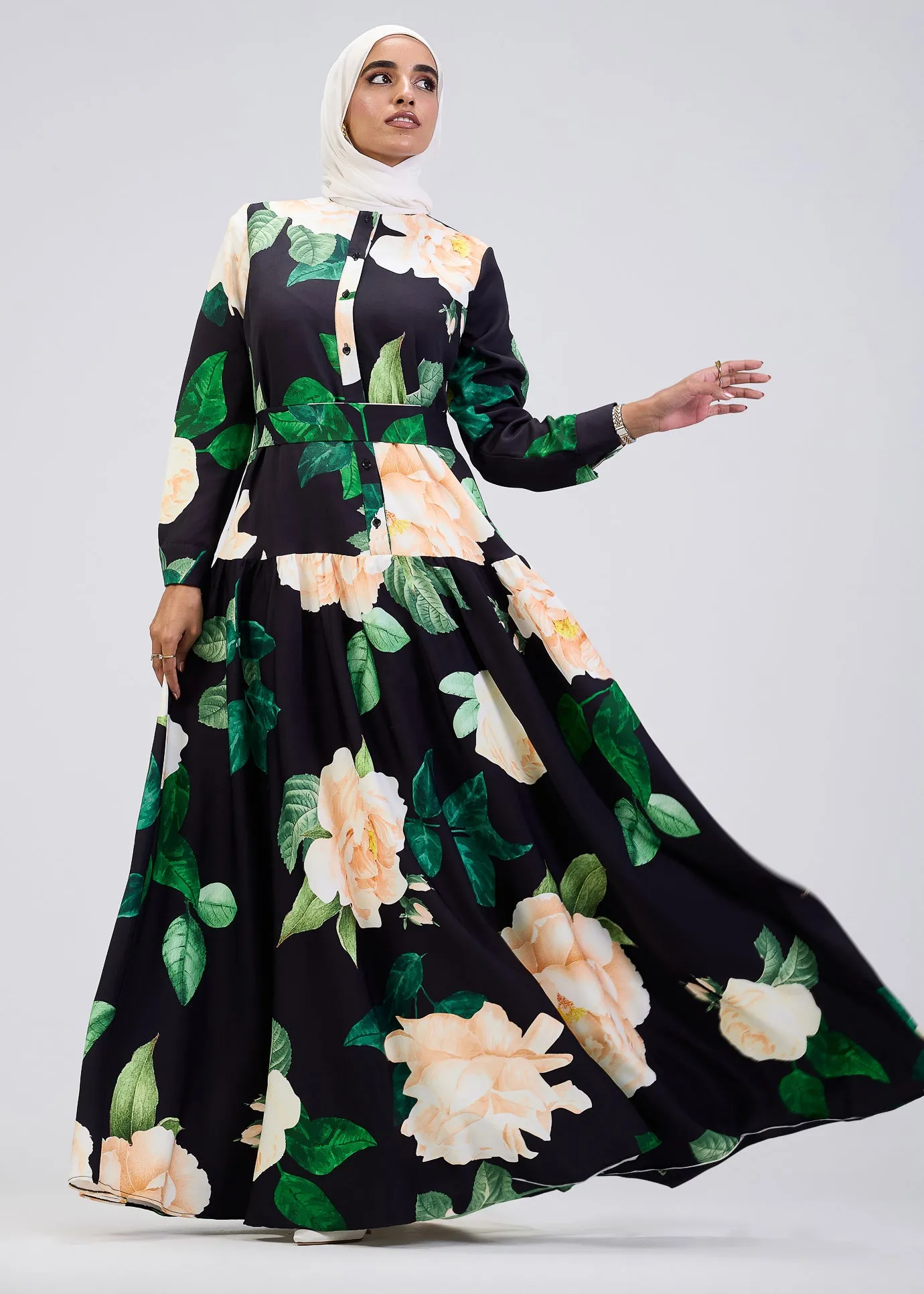 Israa Floral Print Button-Front Maxi Dress in Black