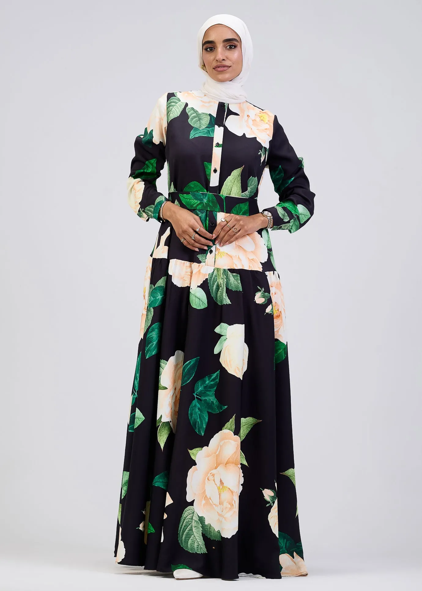 Israa Floral Print Button-Front Maxi Dress in Black