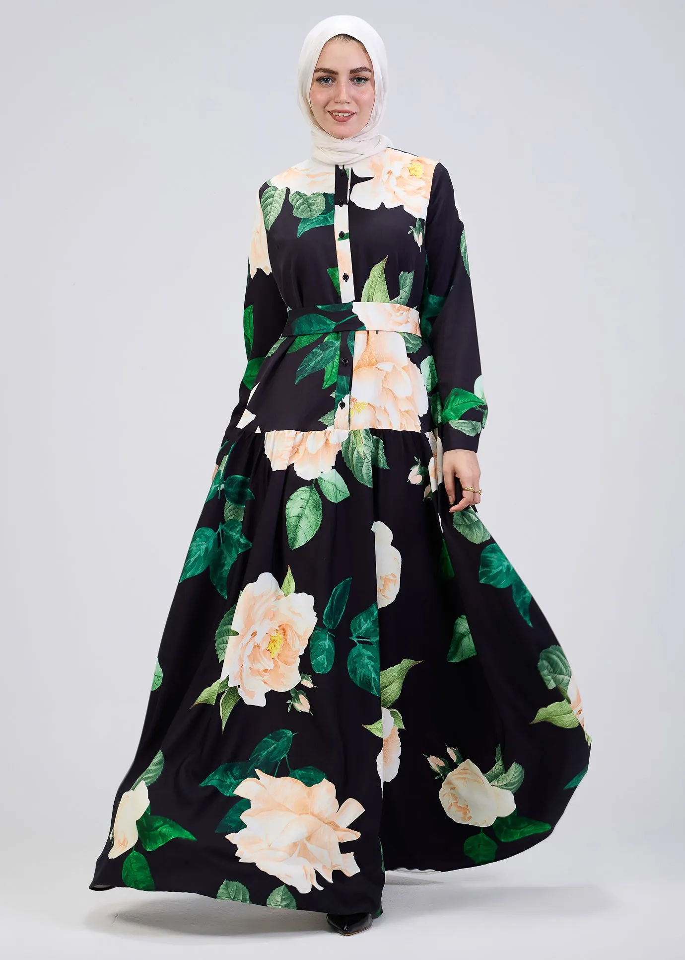 Israa Floral Print Button-Front Maxi Dress in Black