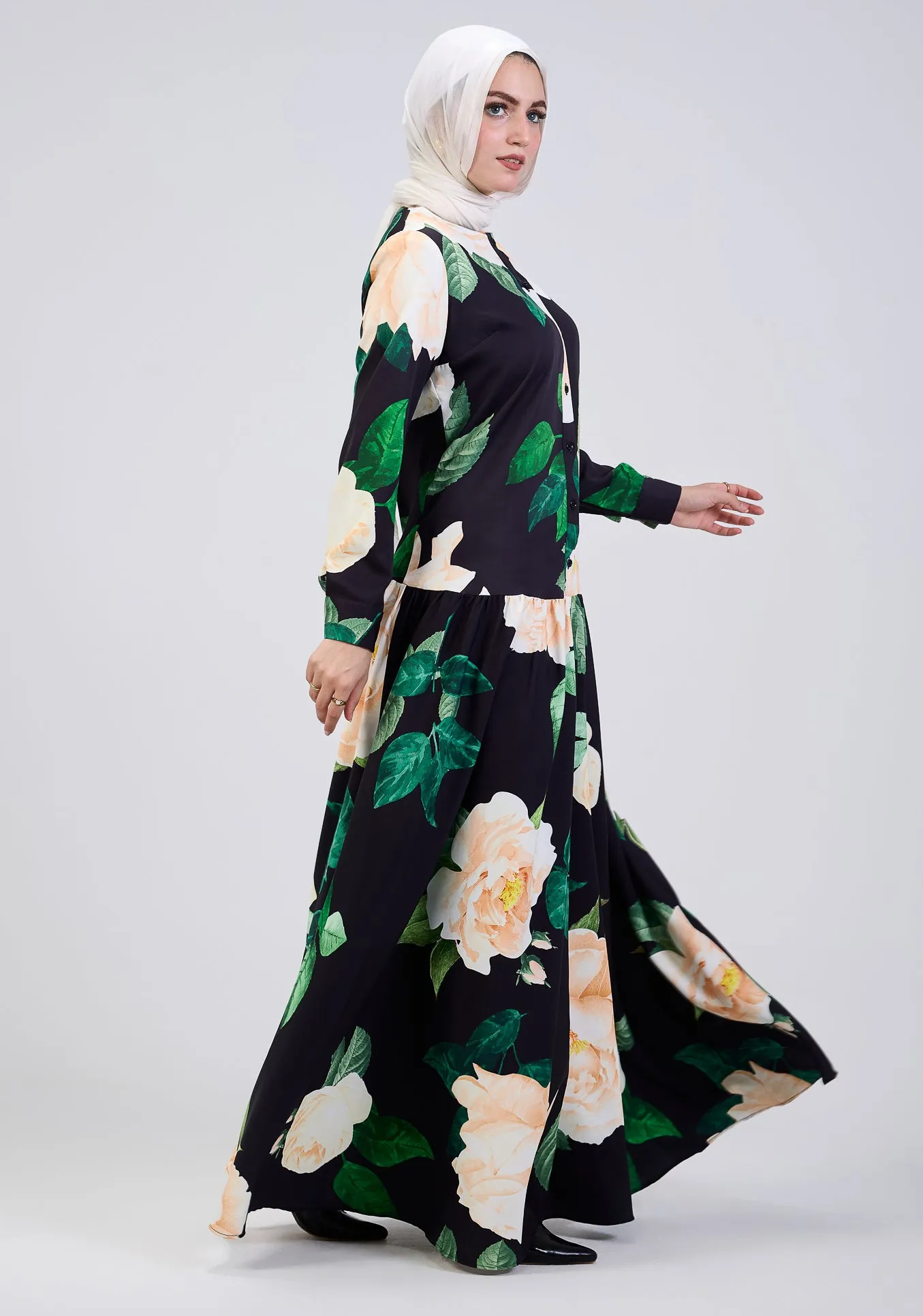 Israa Floral Print Button-Front Maxi Dress in Black
