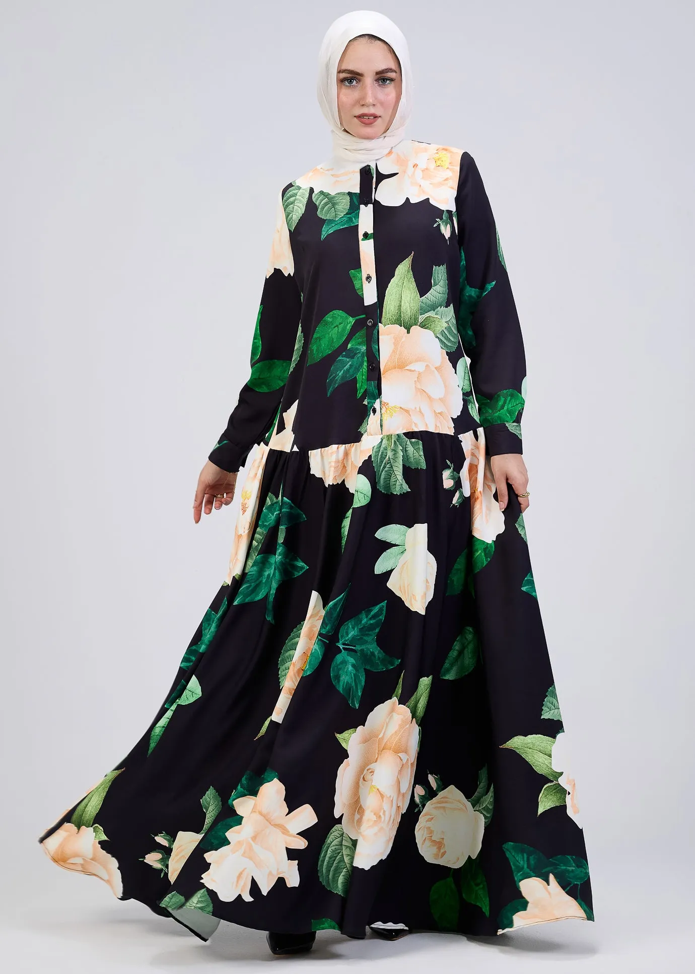 Israa Floral Print Button-Front Maxi Dress in Black