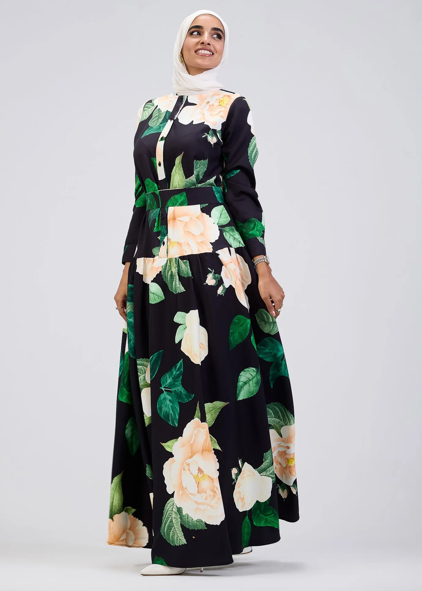 Israa Floral Print Button-Front Maxi Dress in Black