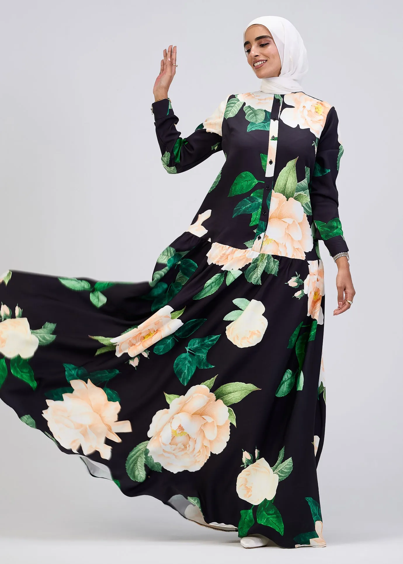 Israa Floral Print Button-Front Maxi Dress in Black