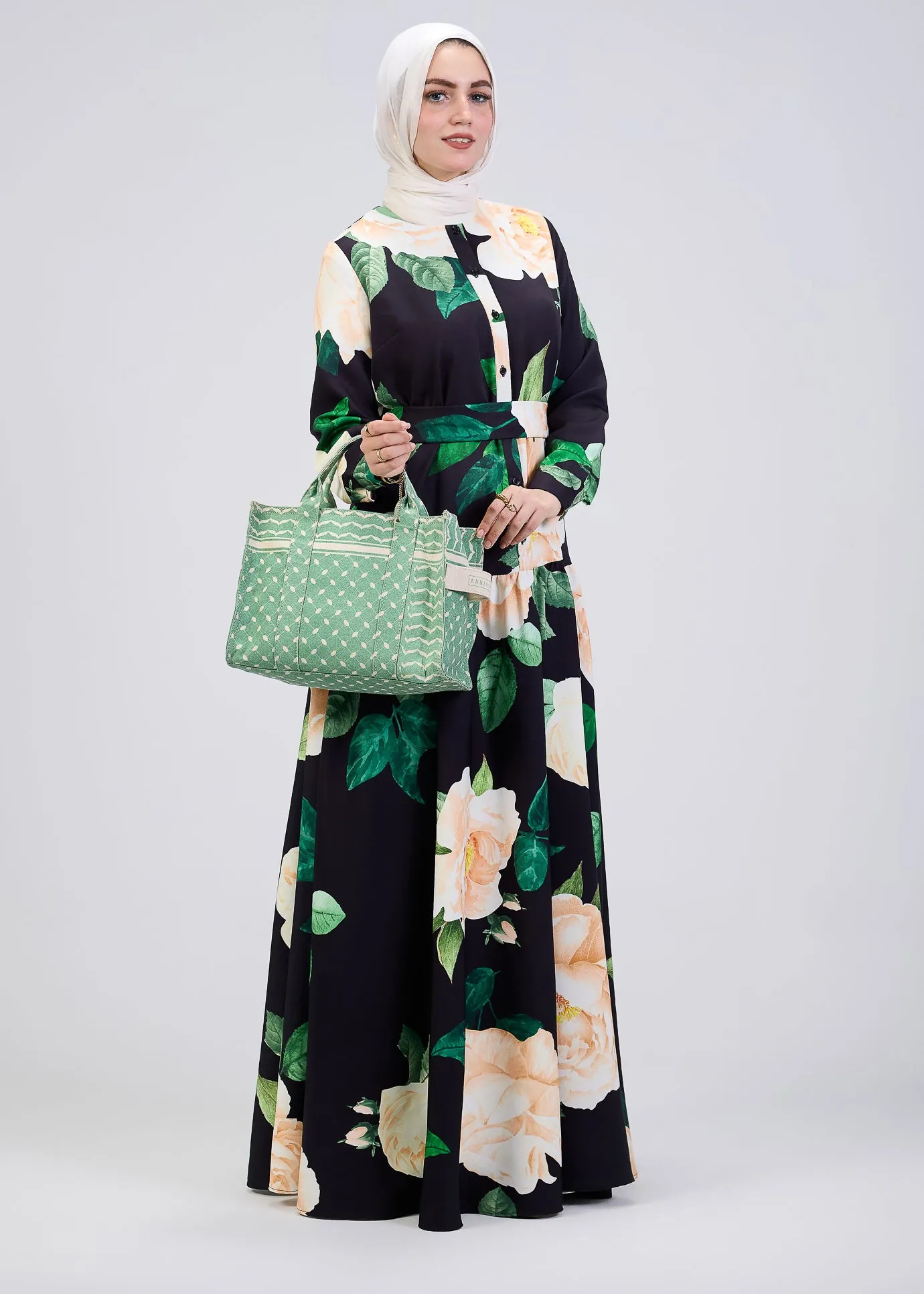 Israa Floral Print Button-Front Maxi Dress in Black