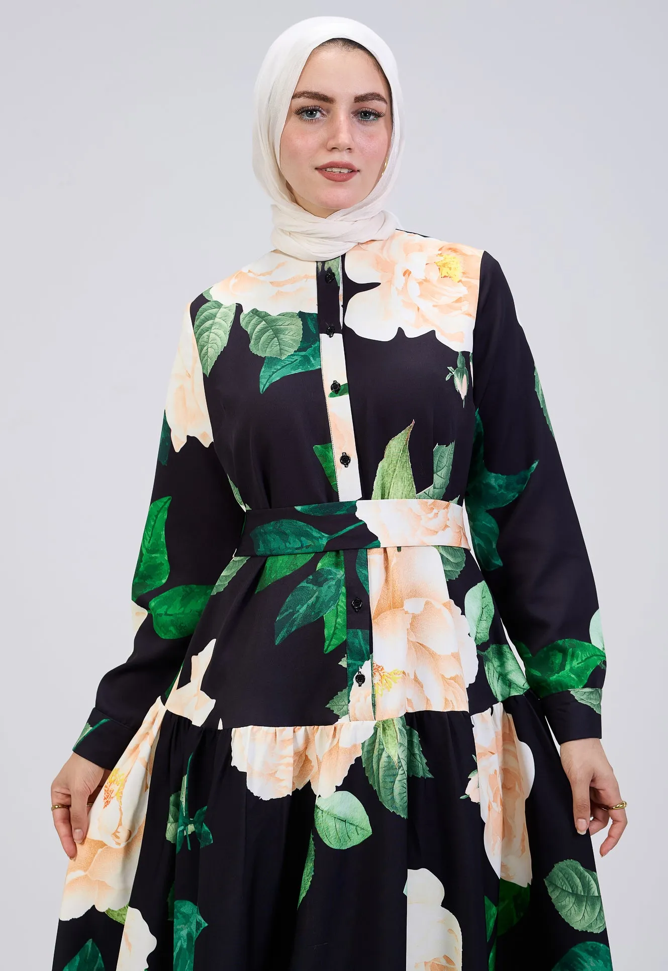 Israa Floral Print Button-Front Maxi Dress in Black