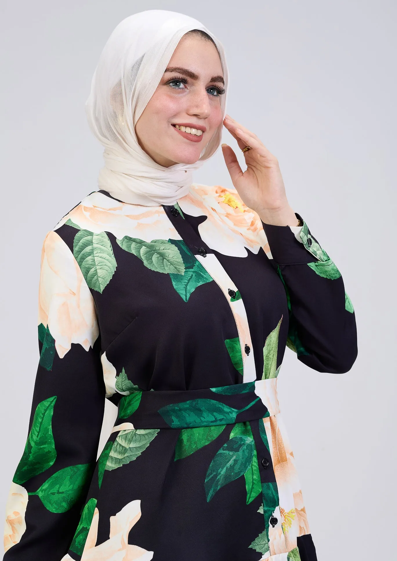 Israa Floral Print Button-Front Maxi Dress in Black