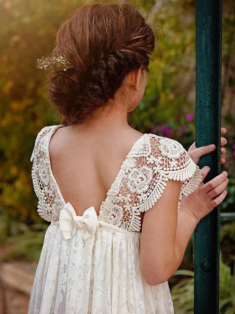 Ivory Jewel Neck Lace Short Sleeves Floor-Length A-Line Lace Kids Social Party Dresses