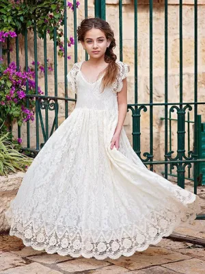 Ivory Jewel Neck Lace Short Sleeves Floor-Length A-Line Lace Kids Social Party Dresses