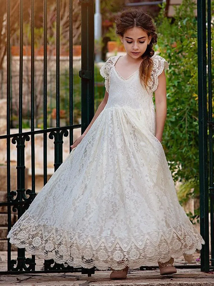 Ivory Jewel Neck Lace Short Sleeves Floor-Length A-Line Lace Kids Social Party Dresses